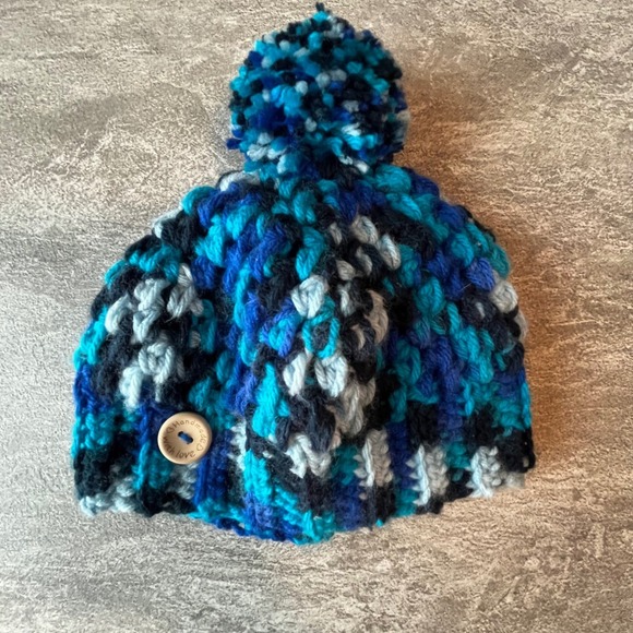 Handmade Baby Crochet Blue Beanie Hat with Pom Pom Winter Knit Cap - Picture 3 of 8